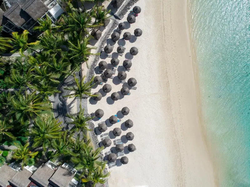 Vue aérienne d'une plage de sable blanc bordée de palmiers et de parasols.