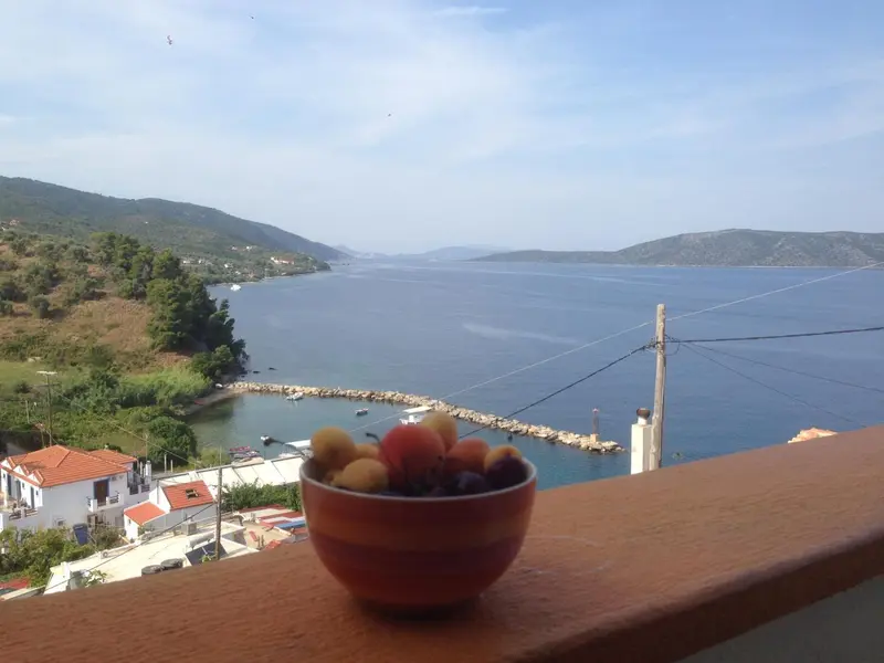 Un bol de fruits frais est posé sur une balustrade avec vue sur la mer et les collines.
