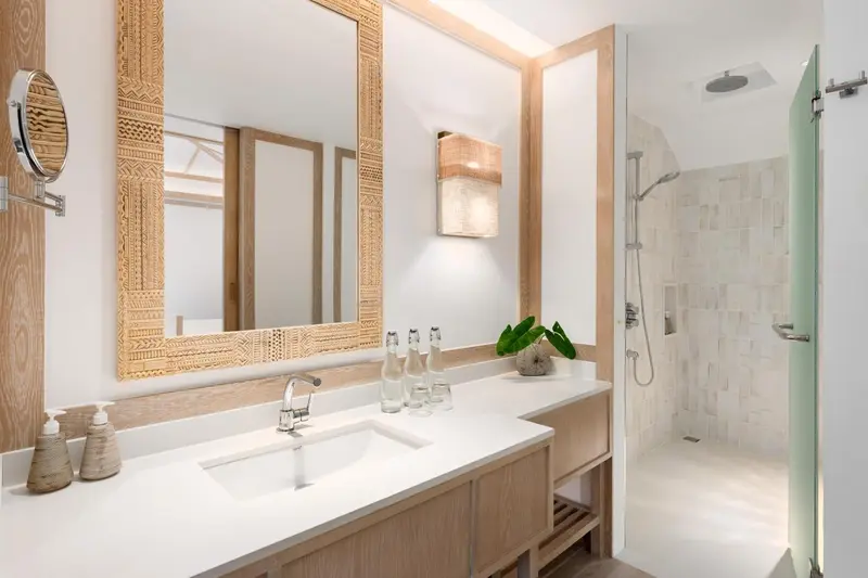 Une salle de bain lumineuse avec une douche à l'italienne et un grand miroir décoratif.