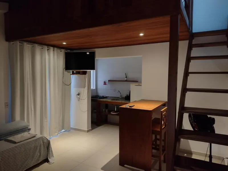 Une chambre avec un lit en mezzanine et un coin cuisine.