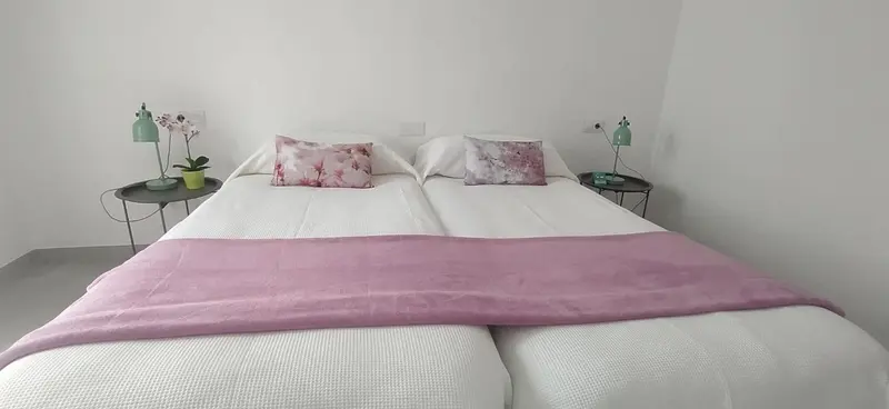 Une chambre lumineuse avec un grand lit recouvert d'une couverture rose.