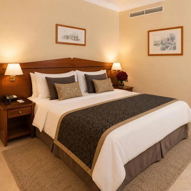 Une chambre lumineuse avec un grand lit recouvert d'une courtepointe.