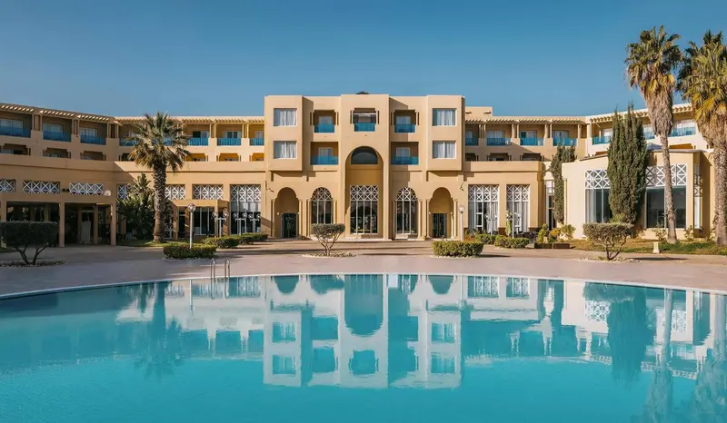 Façade d'un bâtiment beige avec des palmiers et une piscine au premier plan.