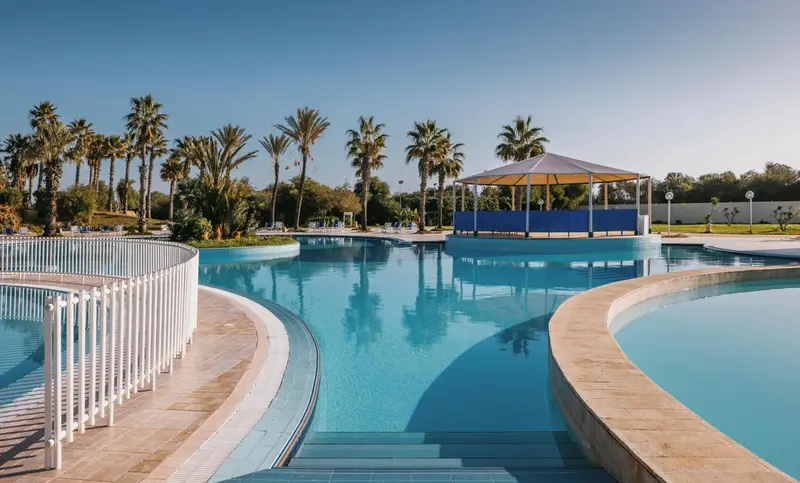 Piscine sinueuse avec un espace de détente ombragé au fond.