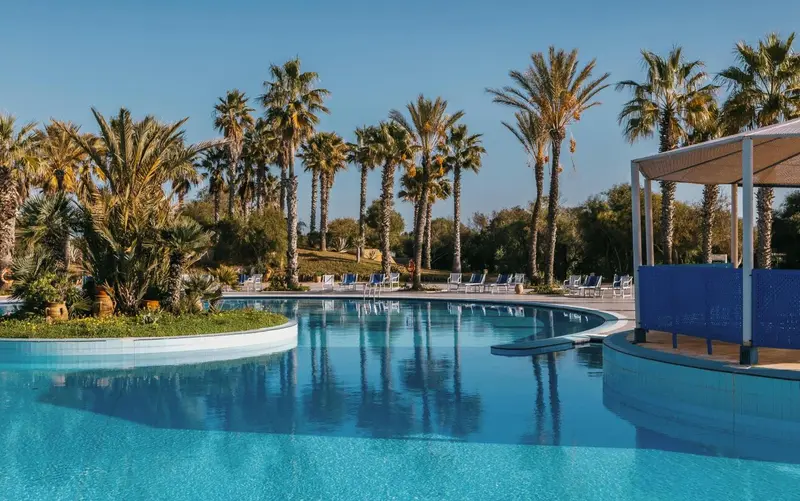 Piscine bleue entourée de palmiers sous un ciel clair.