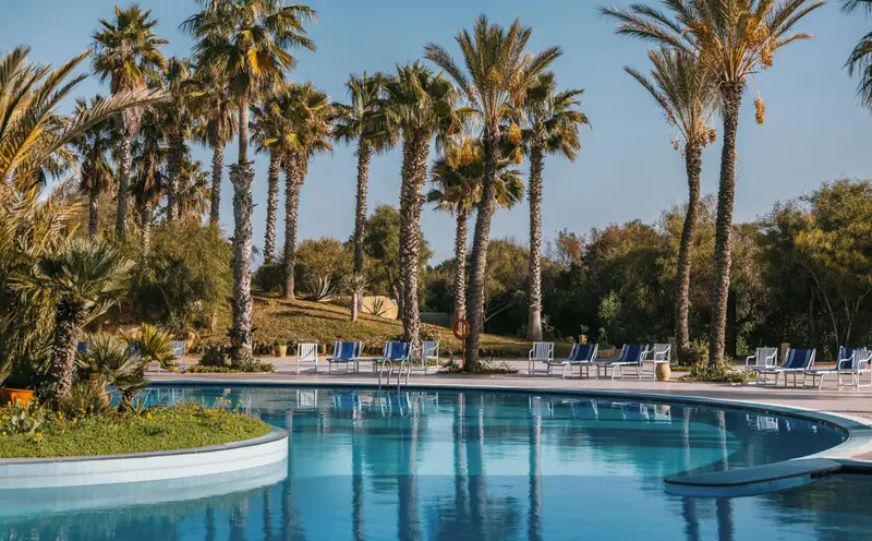 Une piscine rectangulaire bordée de chaises longues et de palmiers sous un ciel bleu.