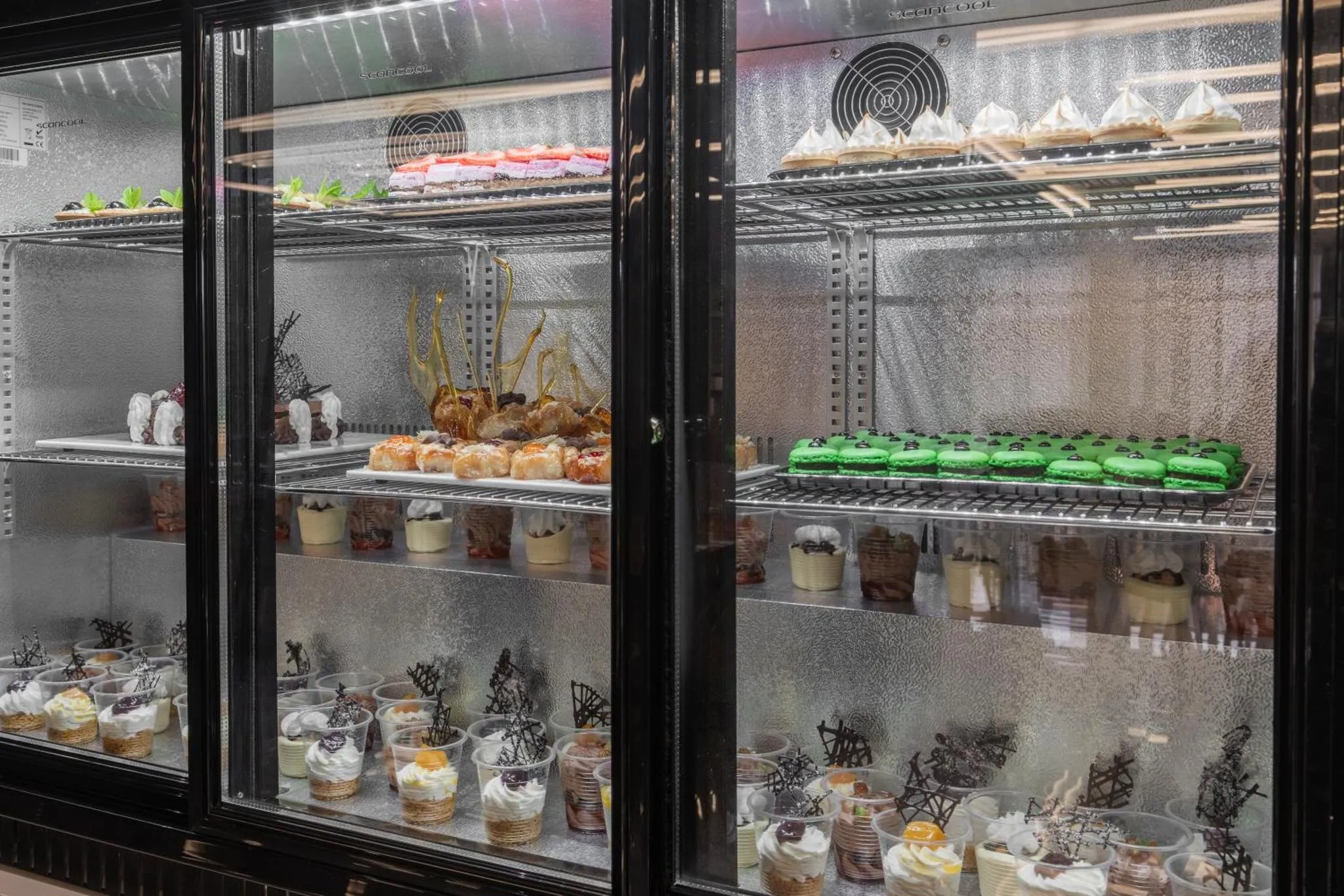 Présentation de pâtisseries colorées dans une vitrine réfrigérée.