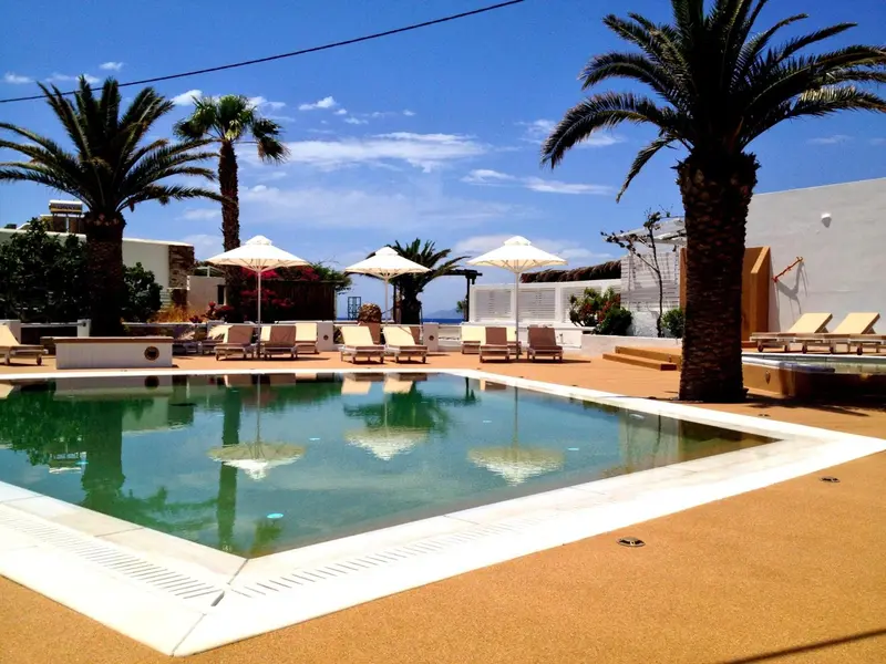 Une piscine rectangulaire bordée de chaises longues et de parasols sous des palmiers.