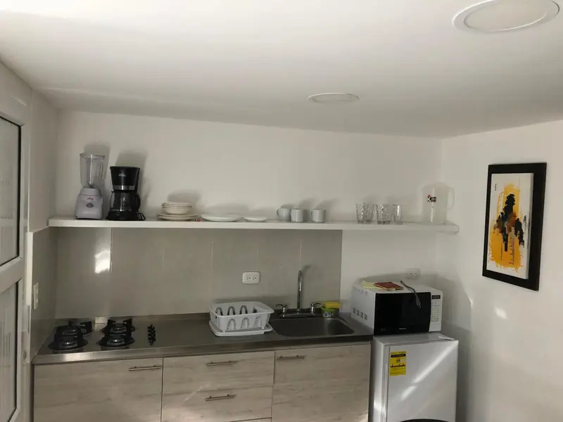 Une kitchenette avec un plan de travail, un évier et des appareils électroménagers.