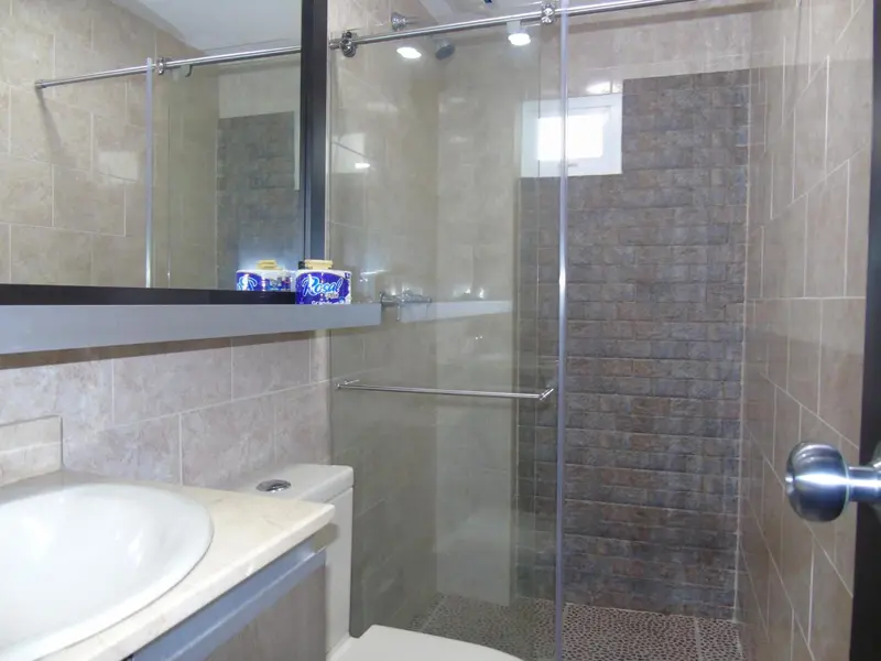 Une salle de bain moderne avec douche à l'italienne et lavabo.