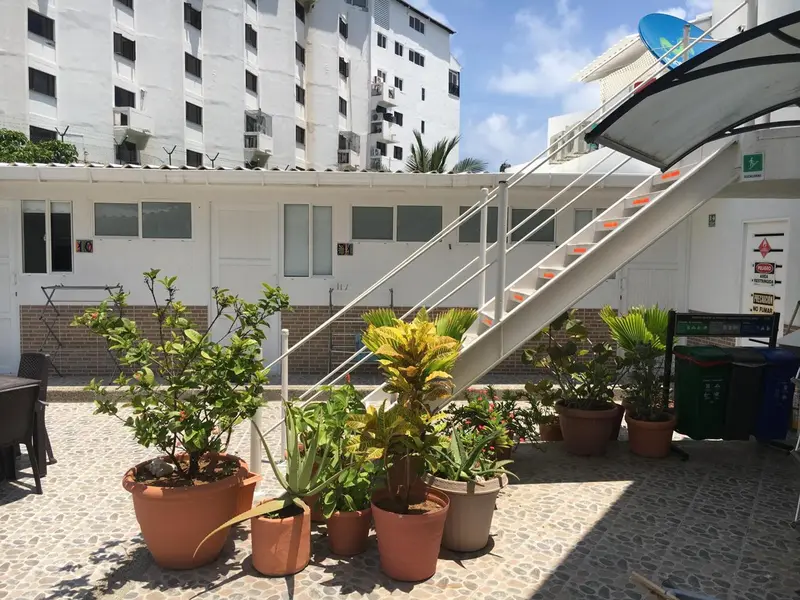 Une cour intérieure avec des plantes en pot et un escalier métallique menant à des chambres.