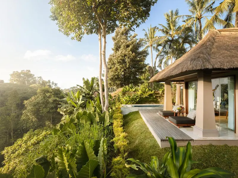 Une terrasse en bois donne sur une piscine et une végétation luxuriante.