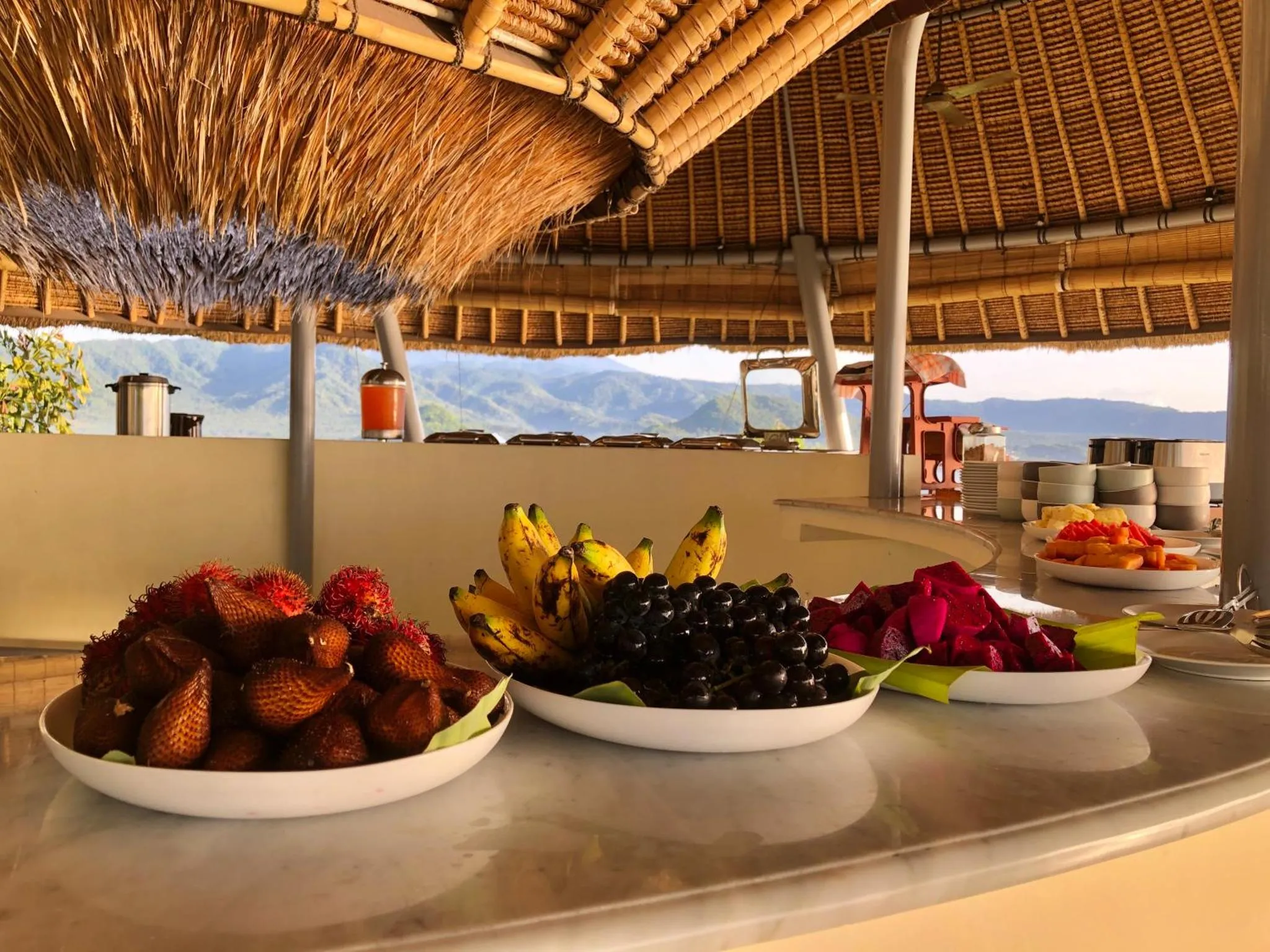 Un buffet de fruits frais est présenté sur un comptoir blanc.