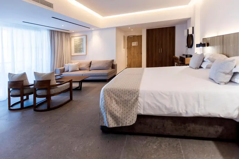 Une chambre lumineuse avec un coin salon et un grand lit.