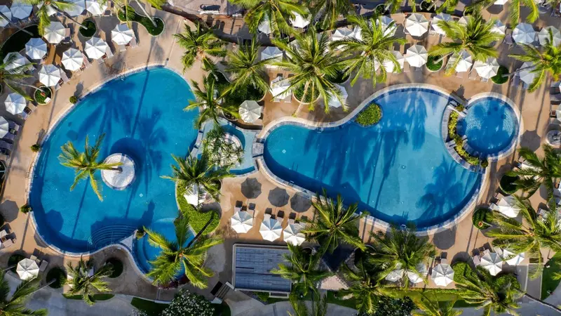 Vue aérienne de deux piscines sinueuses entourées de palmiers et de transats.