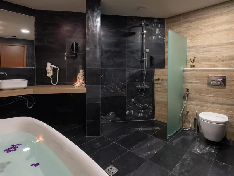 Une salle de bain moderne avec baignoire et douche à l'italienne.