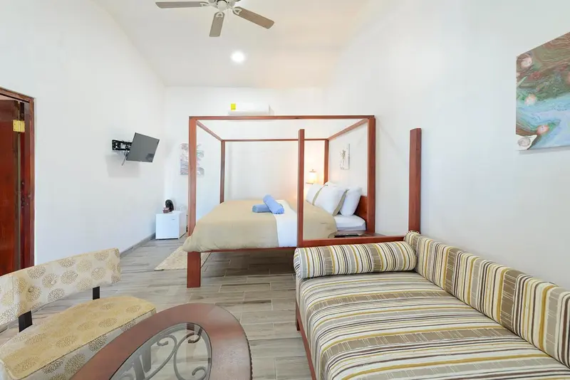 Une chambre lumineuse avec un lit à baldaquin et un coin salon.
