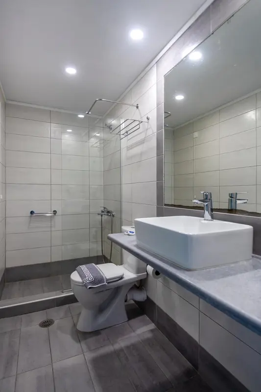 Une salle de bain moderne avec douche à l'italienne et lavabo blanc.