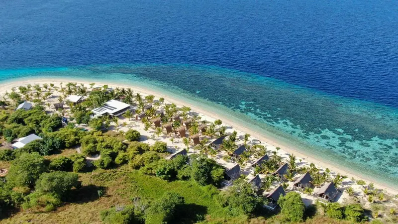 Vue aérienne d'une plage bordée de bungalows et de végétation luxuriante.