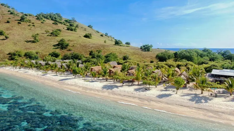 Vue aérienne d'une plage bordée de bungalows avec toits de chaume et d'une colline verdoyante.