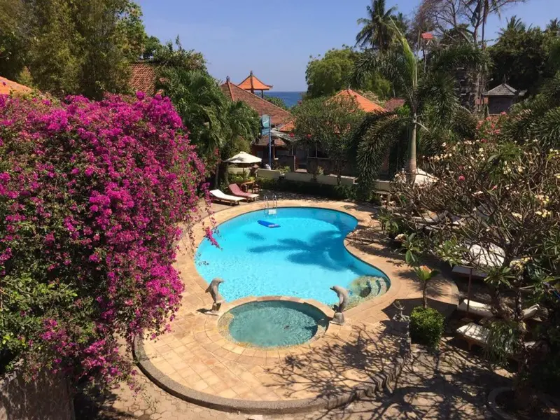 Une piscine turquoise entourée de végétation luxuriante et de chaises longues.