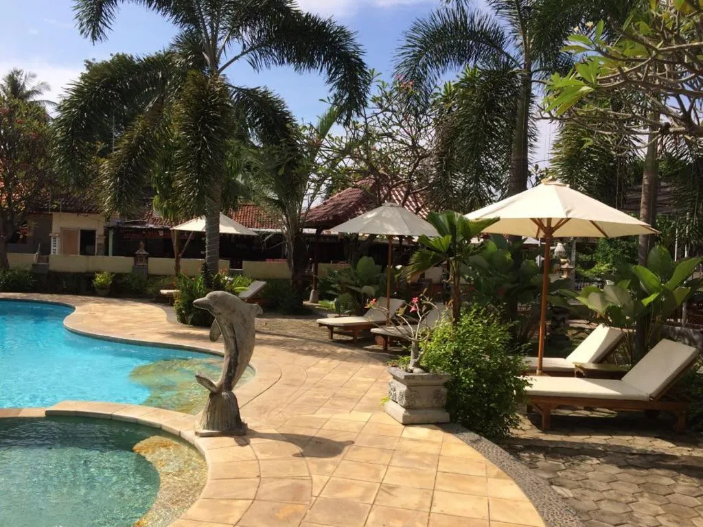 Piscine bordée de transats et de végétation tropicale.