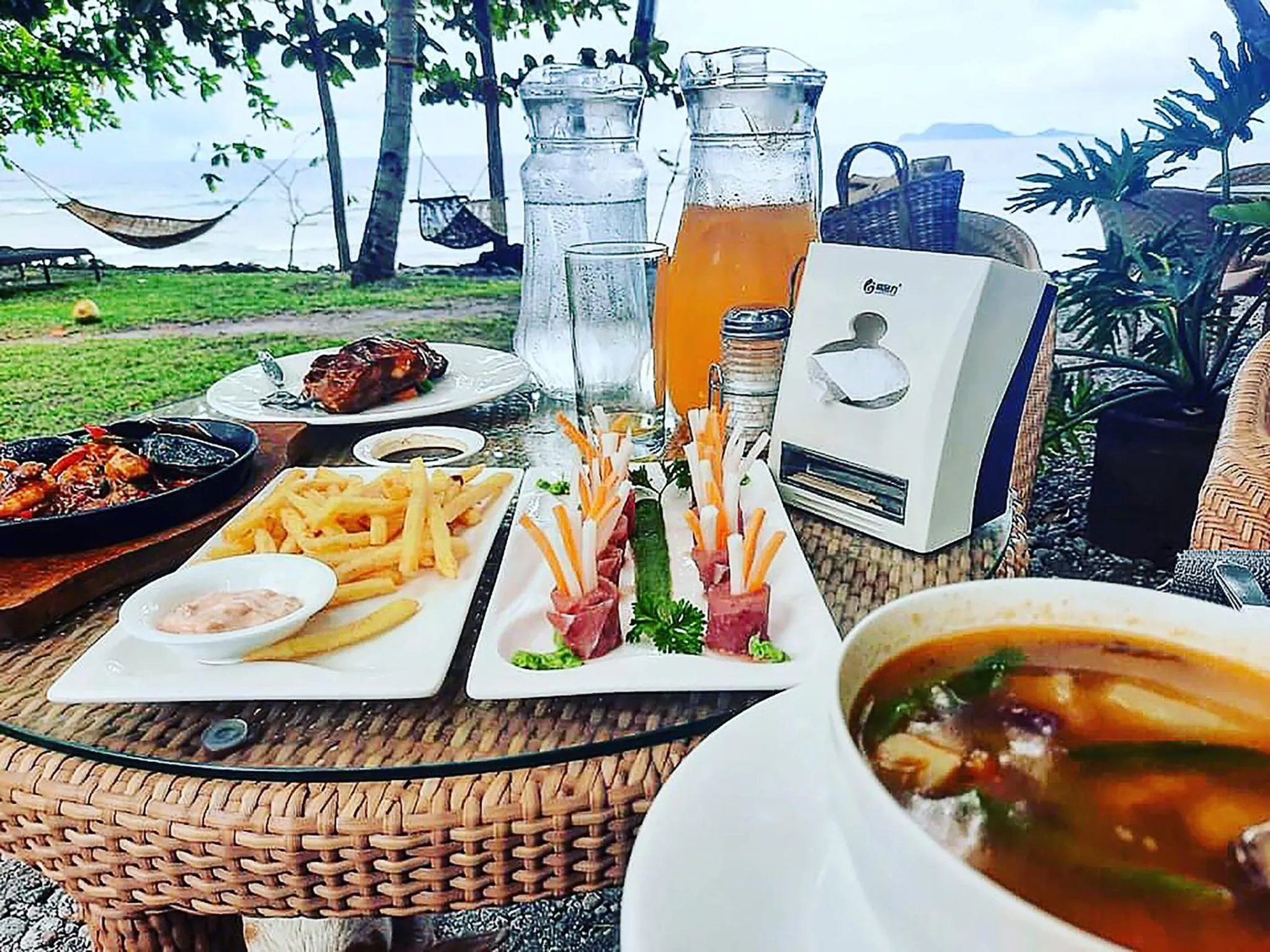 Une table est dressée avec des plats variés et des boissons sur une pelouse verdoyante en bord de mer.