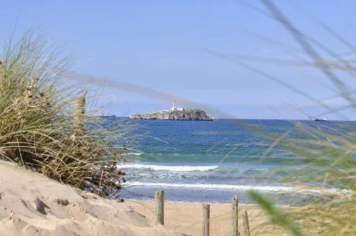 Vue sur une île rocheuse au large d'une plage de sable.