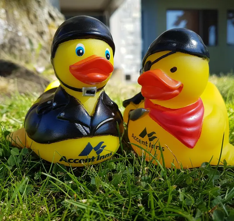 Deux canards en plastique équipés de casques de plongée reposent sur de l'herbe verte.