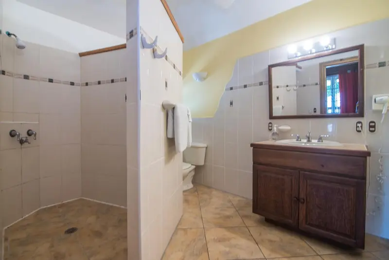 Une salle de bain lumineuse avec douche à l'italienne et meuble vasque en bois.