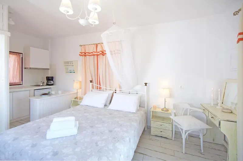 Une chambre lumineuse avec un lit et une kitchenette.