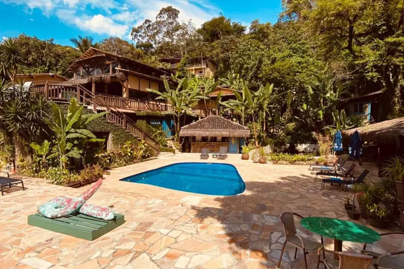Une piscine ensoleillée avec des chaises longues et une végétation luxuriante.