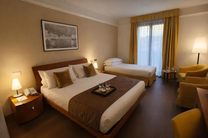 Une chambre d'hôtel avec un lit double et un fauteuil.