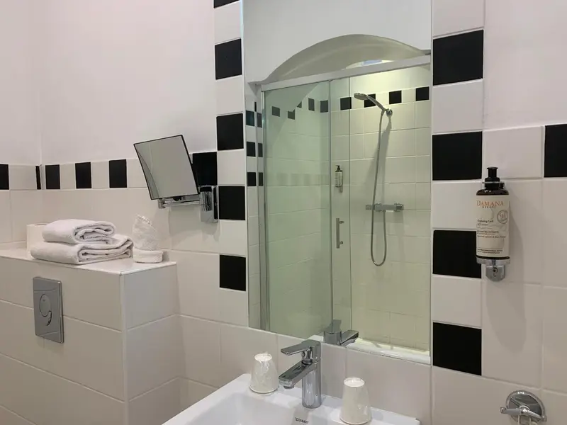 Une salle de bain moderne avec douche à l'italienne et lavabo.