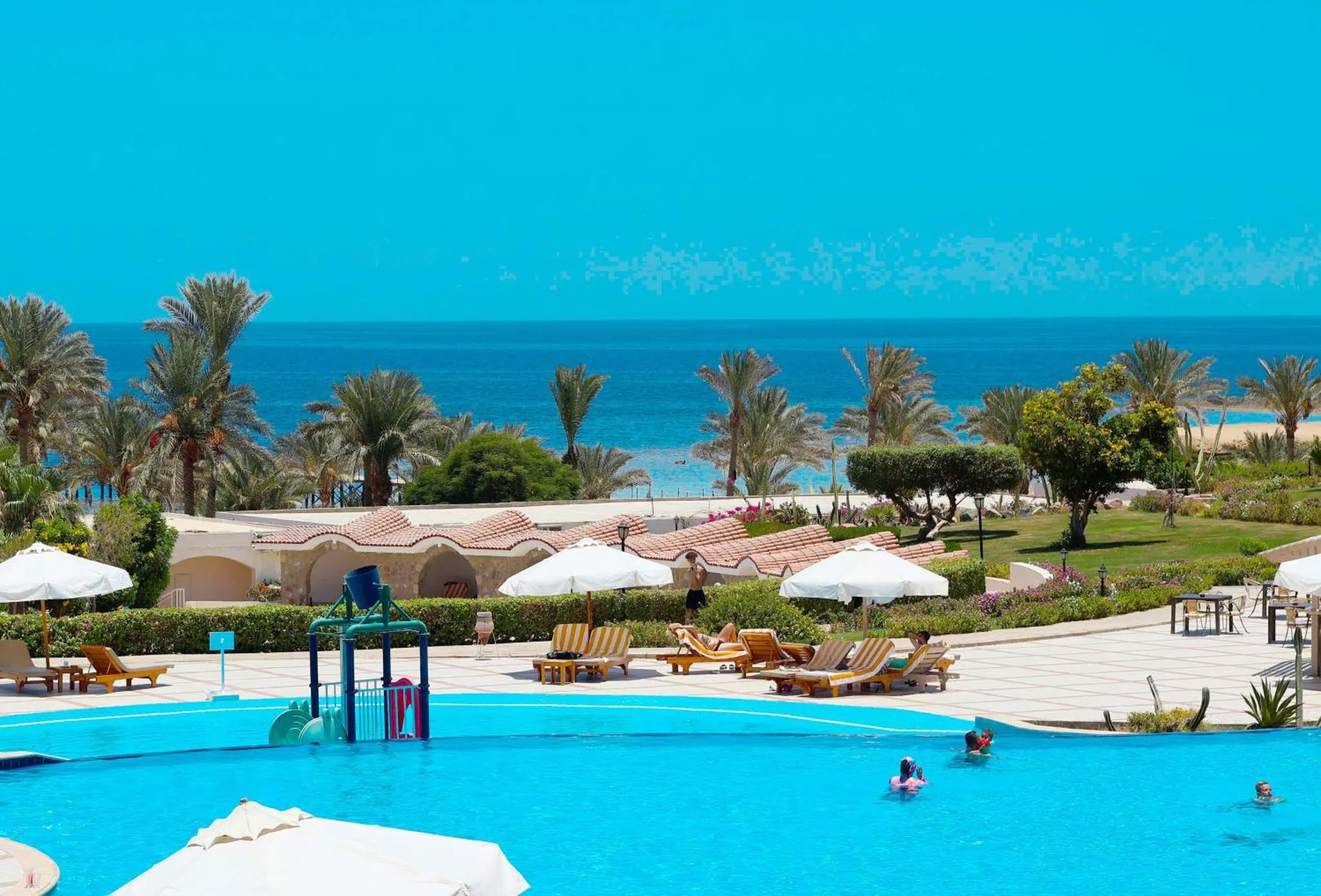 Piscine turquoise avec transats et palmiers en bord de mer.