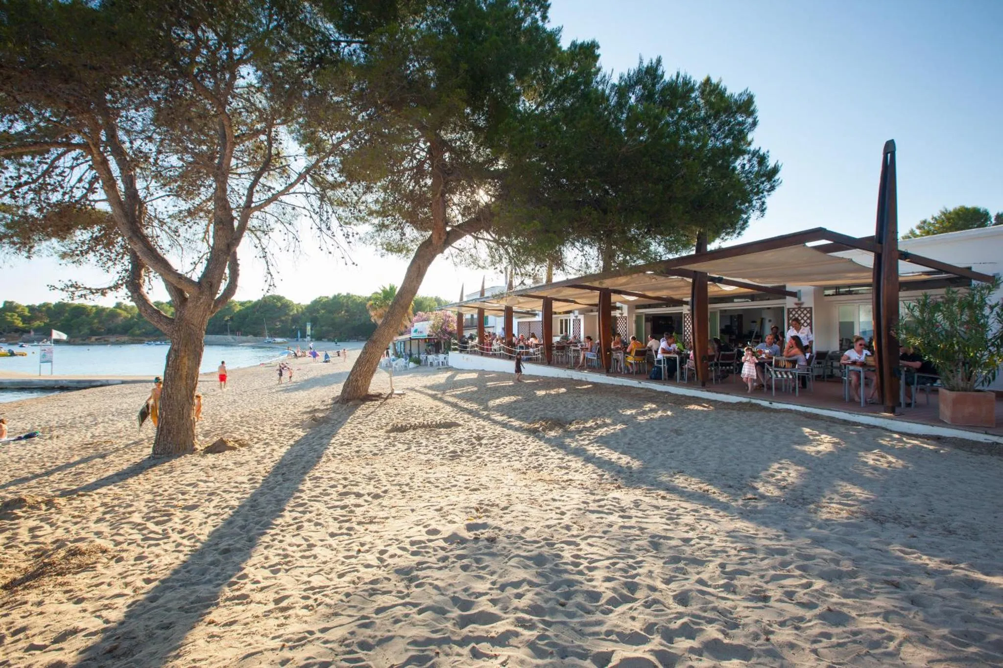 Une terrasse ombragée borde une plage de sable fin, avec des clients attablés.