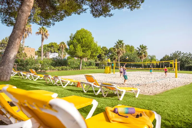 Transats jaunes alignés sur une pelouse verte près d'un terrain de beach-volley.