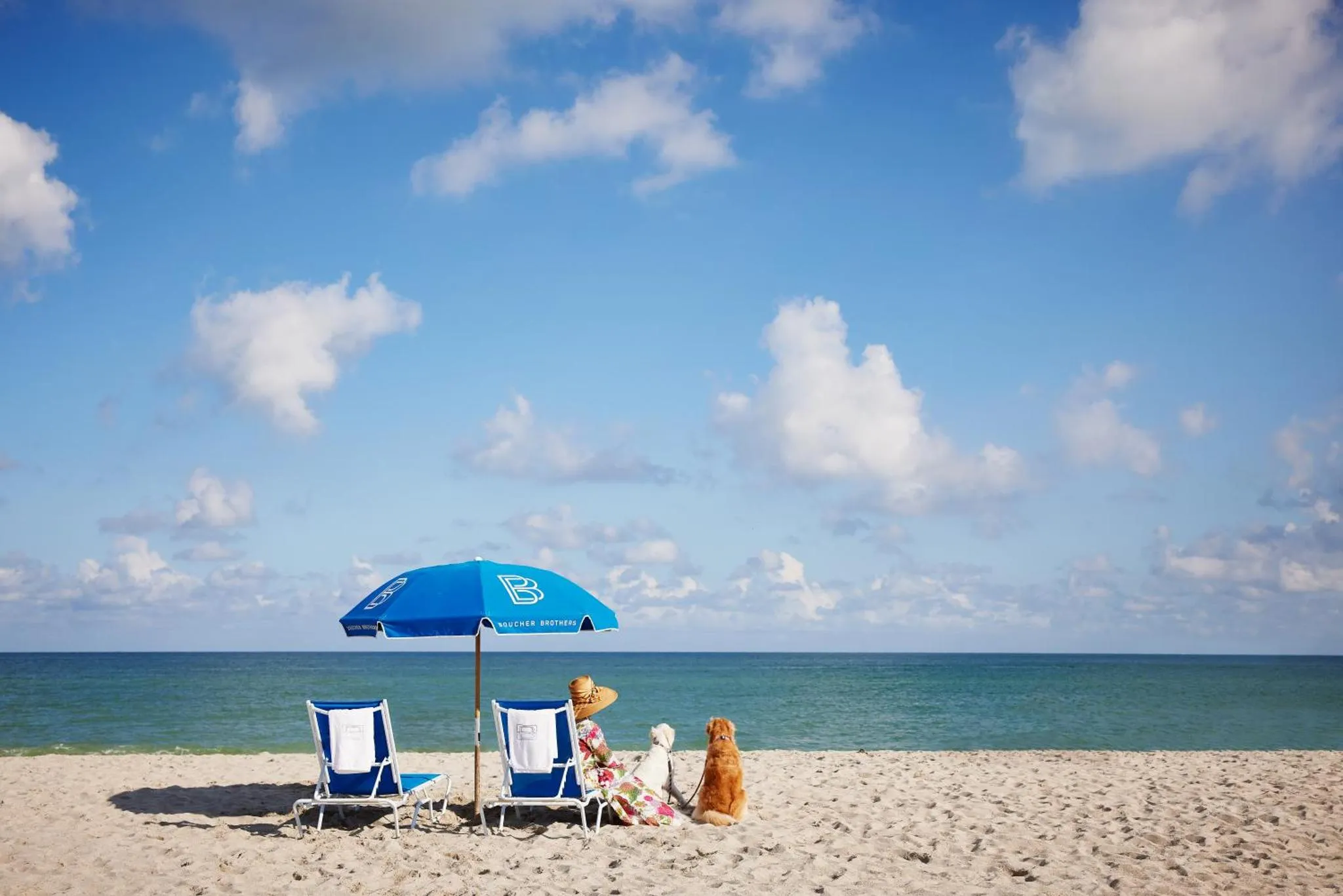 Des transats bleus sont installés sur une plage de sable fin face à la mer.