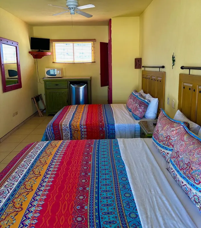 Chambre lumineuse avec deux lits décorés de motifs colorés.