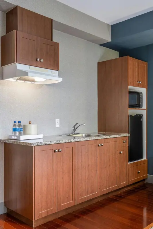 Une kitchenette équipée avec un évier, des plaques de cuisson et des rangements.
