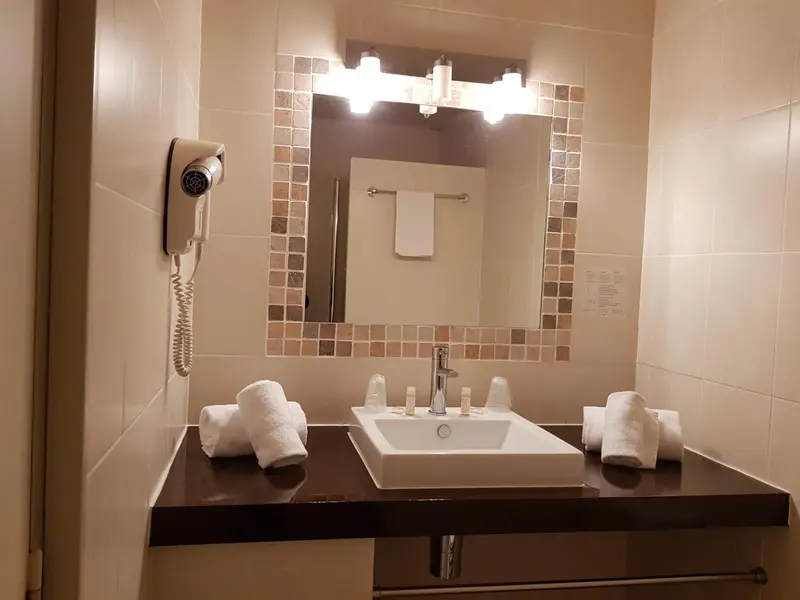 Une salle de bain avec un lavabo, un miroir et des serviettes.