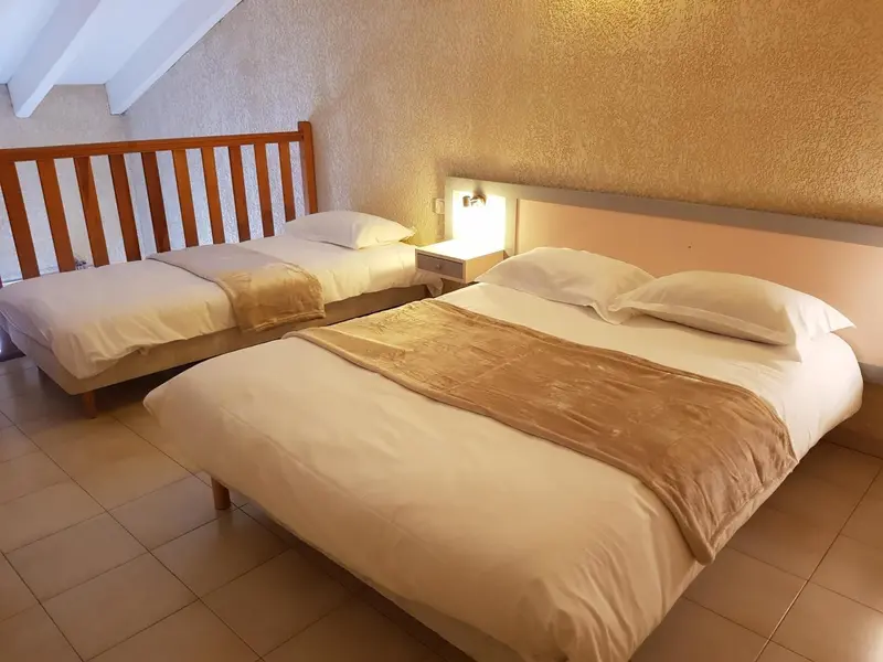 Une chambre avec deux lits simples et une couverture.