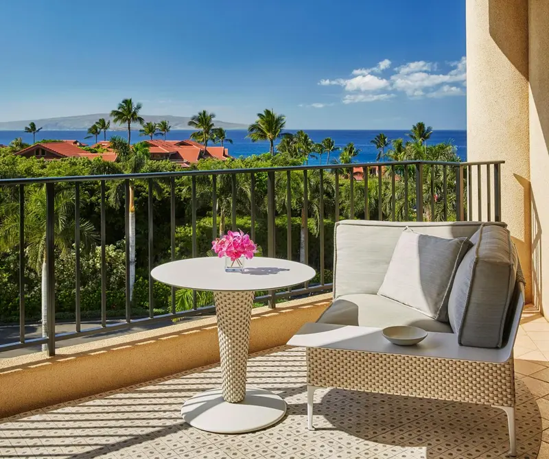 Terrasse avec mobilier d'extérieur et vue sur la mer et la végétation.