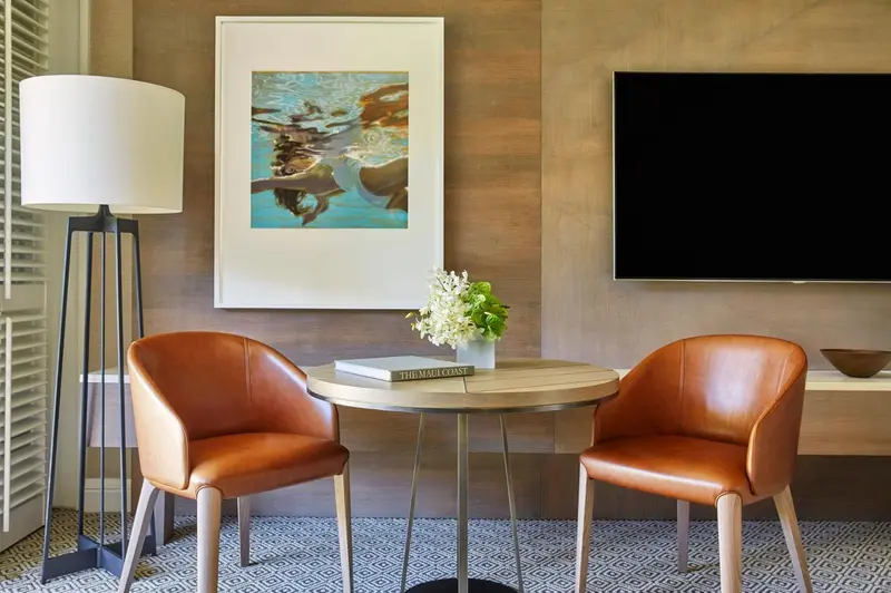 Un espace de détente avec deux fauteuils en cuir et une table basse.