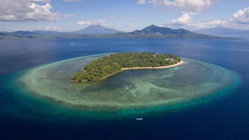 Vue aérienne d'une île tropicale entourée d'un récif corallien et d'eaux turquoise.