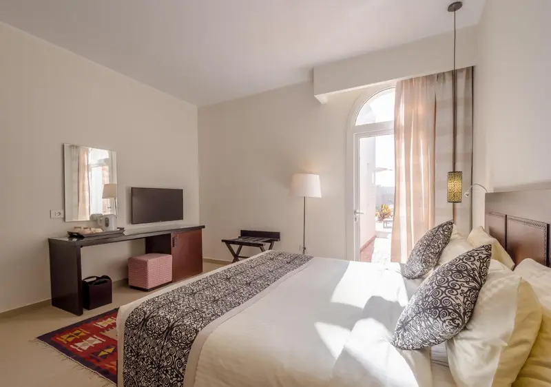 Une chambre lumineuse avec un grand lit et un téléviseur.