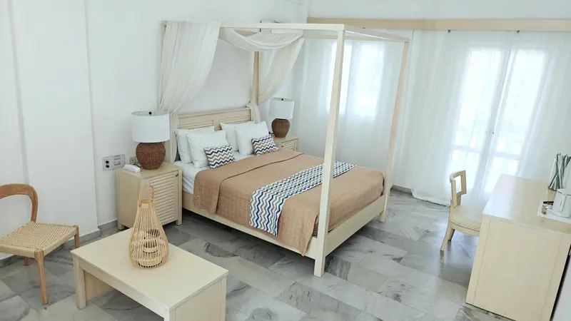 Une chambre lumineuse avec un lit à baldaquin et une décoration neutre.
