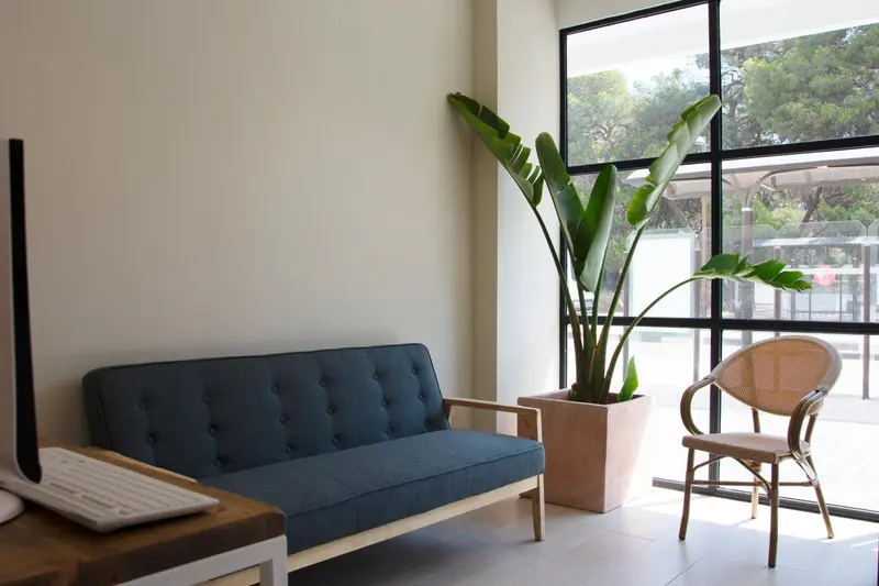 Un canapé bleu et une chaise en rotin se trouvent près d'une grande fenêtre.