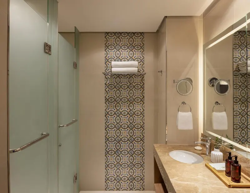 Une salle de bain avec douche à l'italienne et lavabo.