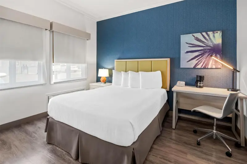 Une chambre lumineuse avec un grand lit et un bureau.
